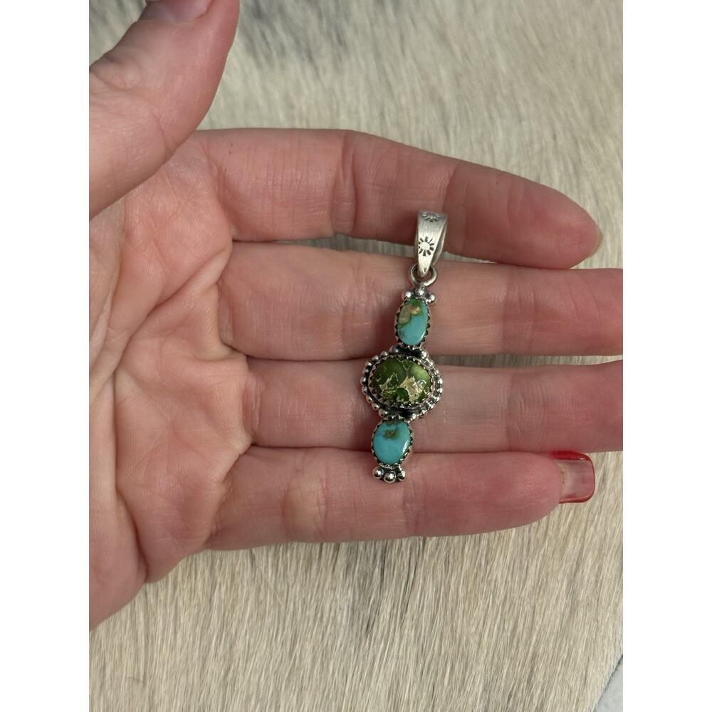 Sterling Silver Blue Green Sonoran Gold Turquoise 3 Stone Pendant 925 Stamp Bail - Picture 1 of 8